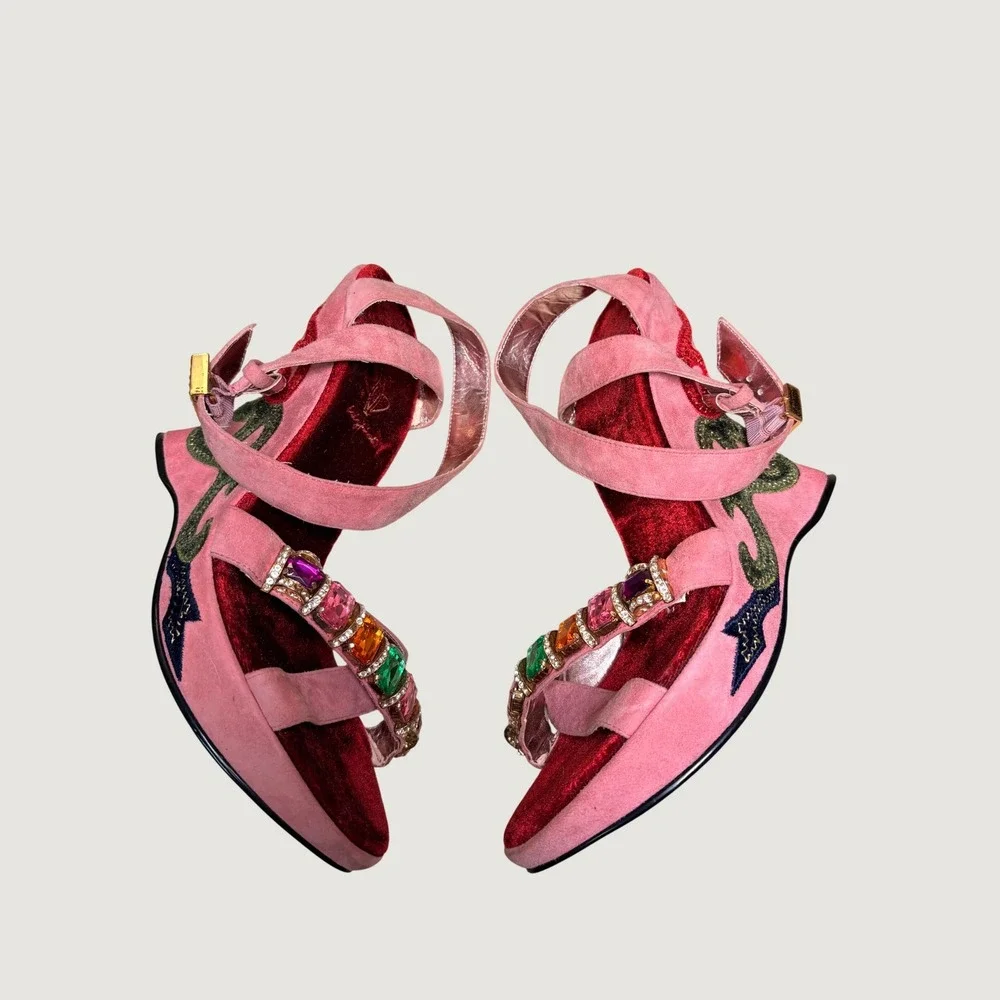 Y2K Rare Grail Baby Phat Pink Suede Wedge Sandals Gemstone Embroidered Heels